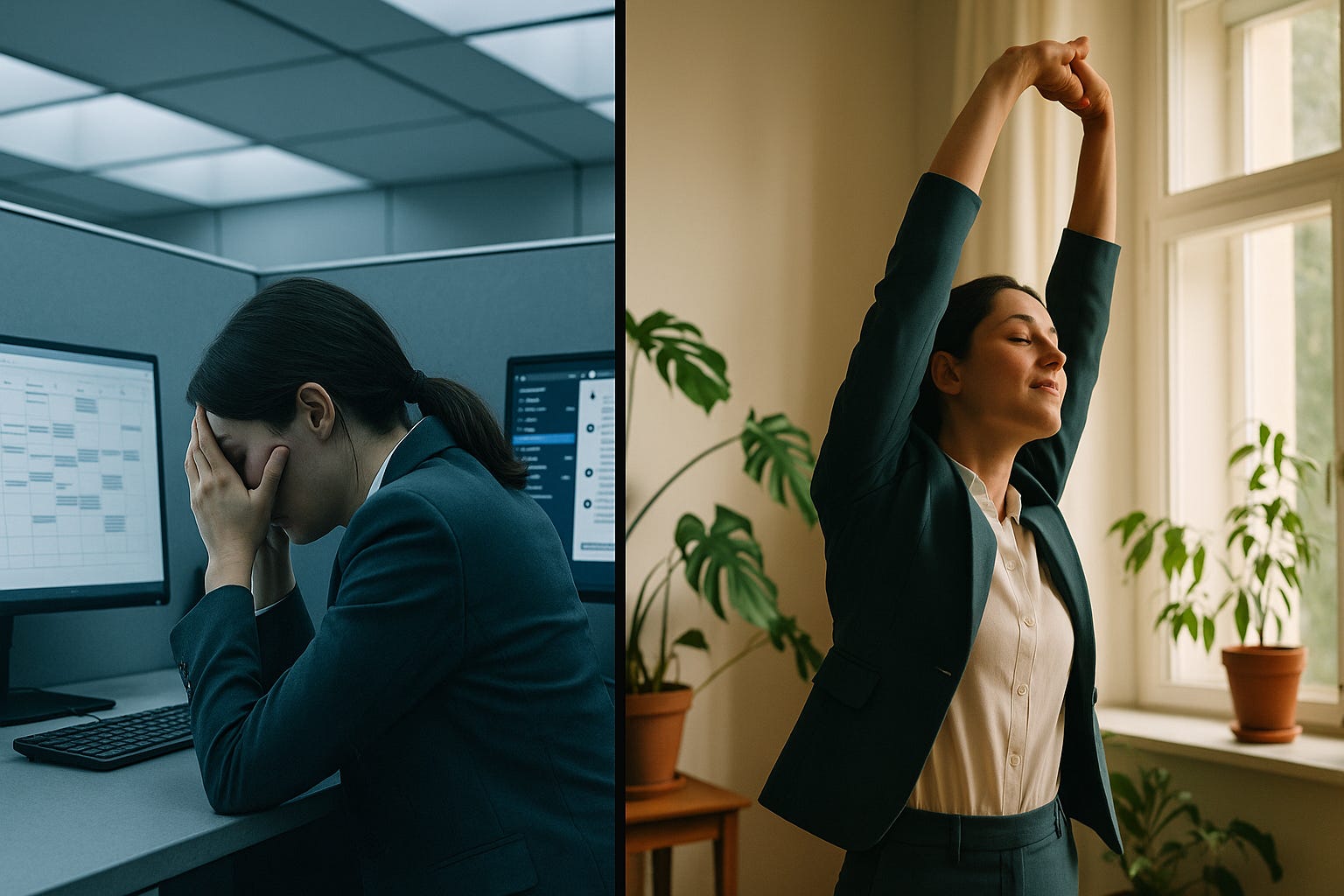 Tho Photos side-by-side. The first a woman hunched over her desk, head in hands. The second a woman stretching her arms above her head looking relaxed.