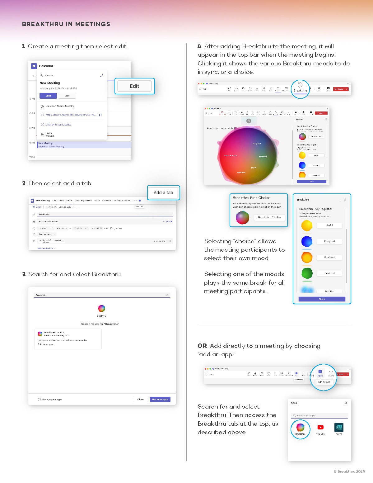 App screenshots of how to set up a meeting with Breakthru