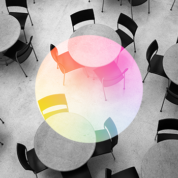 A stylised image of chairs around small round tables