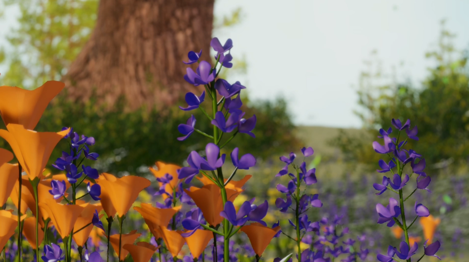 A nature scene, focused orange and purple flowers in the foreground and a tree in the background