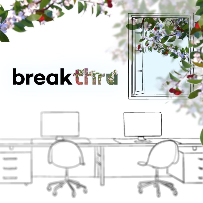 Illustration of office workstations by an open window with the leaves of a tree entering and the breakthru logo